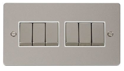 Flat Plate Pearl Nickel Ingot 10AX 6 Gang 2 Way Light Switch - White Trim