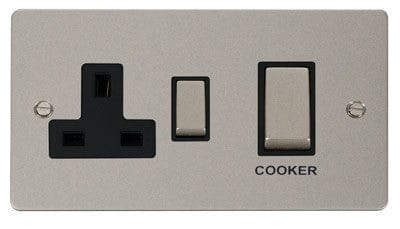 Flat Plate Pearl Nickel Ingot 45A DP Switch + 13A Switched Plug Socket - Black Trim - SE Home