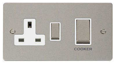 Flat Plate Pearl Nickel Ingot 45A DP Switch + 13A Switched Plug Socket - White Trim - SE Home