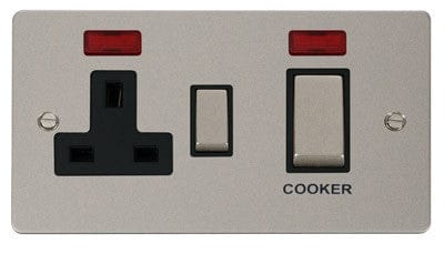 Flat Plate Pearl Nickel Ingot 45A DP Switch + 13A Switched Plug Socket & Neons (2) - Black Trim - SE Home