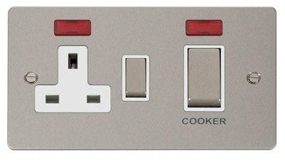 Flat Plate Pearl Nickel Ingot 45A DP Switch + 13A Switched Plug Socket & Neons (2) - White Trim - SE Home