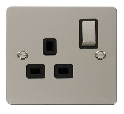 Flat Plate Pearl Nickel Ingot 1 Gang 13A DP Switched Plug Socket  - Black Trim