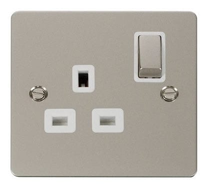 Flat Plate Pearl Nickel Ingot 1 Gang 13A DP Switched Plug Socket  - White Trim