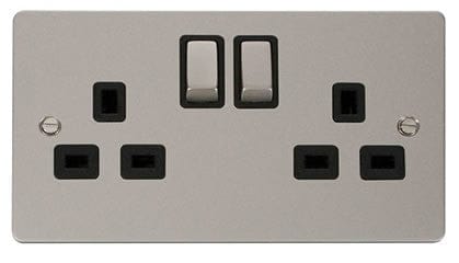 Flat Plate Pearl Nickel Ingot 2 Gang Twin Double 13A DP Switched Plug Socket  - Black Trim