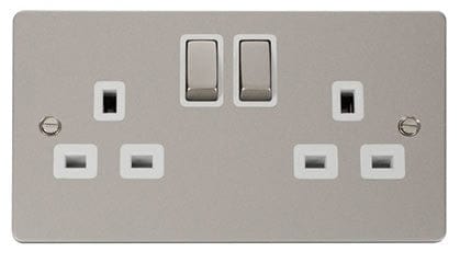 Flat Plate Pearl Nickel Ingot 2 Gang Twin Double 13A DP Switched Plug Socket  - White Trim