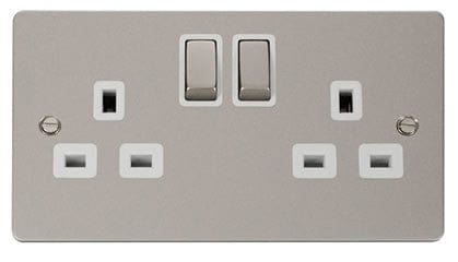 Flat Plate Pearl Nickel Ingot 2 Gang Twin Double 13A DP Switched Plug Socket - White Trim - SE Home