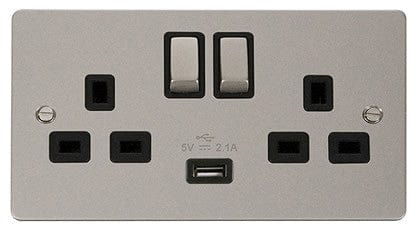 Flat Plate Pearl Nickel Ingot 2 Gang 1 USB Twin Double 13A DP Switched Plug Socket  - Black Trim