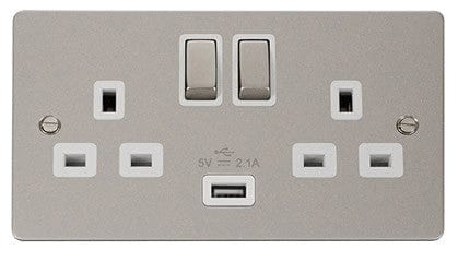 Flat Plate Pearl Nickel Ingot 2 Gang 1 USB Twin Double 13A DP Switched Plug Socket  - White Trim