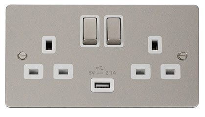 Flat Plate Pearl Nickel Ingot 2 Gang 1 USB Twin Double 13A DP Switched Plug Socket - White Trim - SE Home