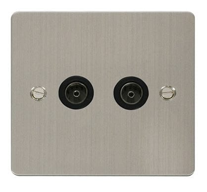 Flat Plate Stainless Steel 2 Gang Coaxial Socket - Black Trim - SE Home
