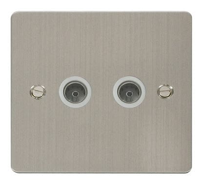 Flat Plate Stainless Steel 2 Gang Coaxial Socket  - White Trim