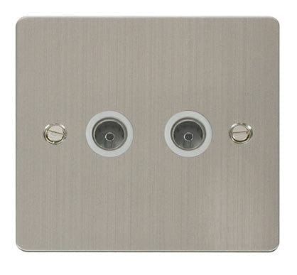 Flat Plate Stainless Steel 2 Gang Coaxial Socket - White Trim - SE Home