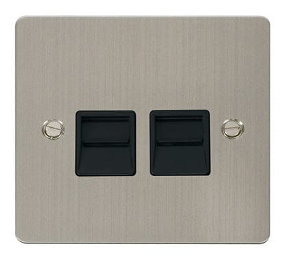 Flat Plate Stainless Steel Twin Telephone Socket Secondary - Black Trim - SE Home