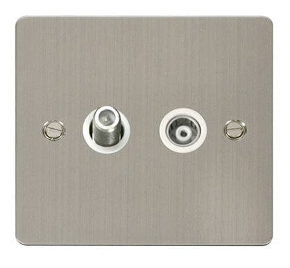 Flat Plate Stainless Steel 1 Gang Satellite & Isolated Coaxial Socket  - White Trim