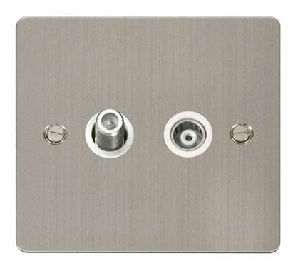 Flat Plate Stainless Steel 1 Gang Satellite & Isolated Coaxial Socket - White Trim - SE Home