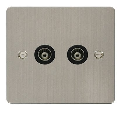 Flat Plate Stainless Steel 2 Gang Isolated Coaxial Socket - Black Trim - SE Home