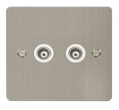 Flat Plate Stainless Steel 2 Gang Isolated Coaxial Socket  - White Trim