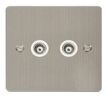 Flat Plate Stainless Steel 2 Gang Isolated Coaxial Socket - White Trim - SE Home