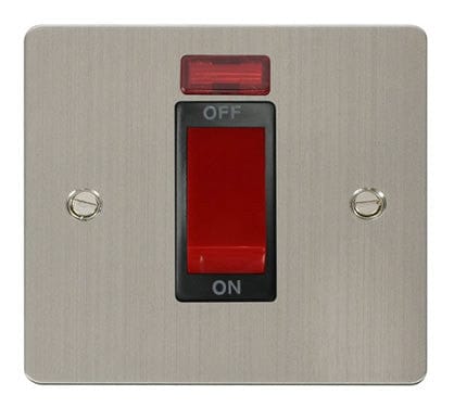 Flat Plate Stainless Steel 1 Gang 45A DP Switch + Neon  - Black Trim
