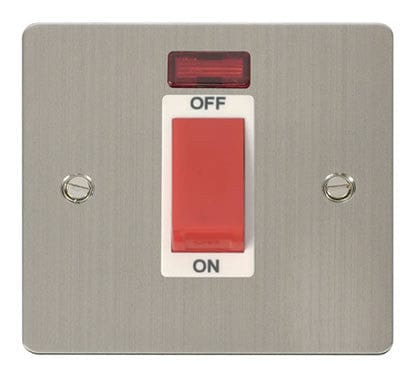 Flat Plate Stainless Steel 1 Gang 45A DP Switch + Neon  - White Trim