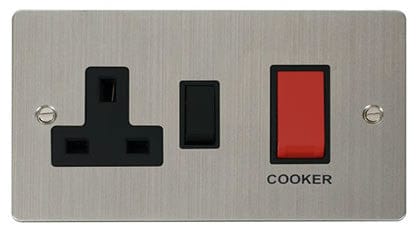 Flat Plate Stainless Steel 45A DP Switch + 13A DP Switched Plug Socket - Black Trim - SE Home