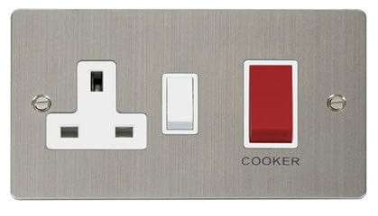 Flat Plate Stainless Steel 45A DP Switch + 13A DP Switched Plug Socket - White Trim - SE Home