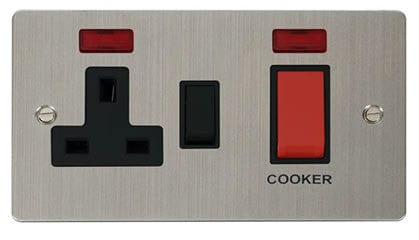 Flat Plate Stainless Steel 45A DP Switch + 13A DP Switched Plug Socket + Neons - Black Trim - SE Home