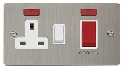Flat Plate Stainless Steel 45A DP Switch + 13A DP Switched Plug Socket + Neons - White Trim - SE Home