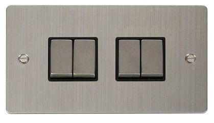 Flat Plate Stainless Steel Ingot 10AX 4 Gang 2 Way Light Switch - Black Trim