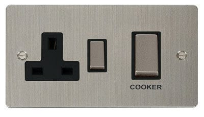 Flat Plate Stainless Steel Ingot 45A DP Switch + 13A Switched Plug Socket - Black Trim - SE Home