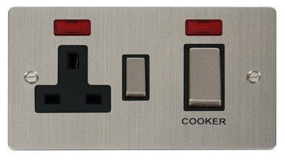 Flat Plate Stainless Steel Ingot 45A DP Switch + 13A Switched Plug Socket & Neons (2) - Black Trim - SE Home