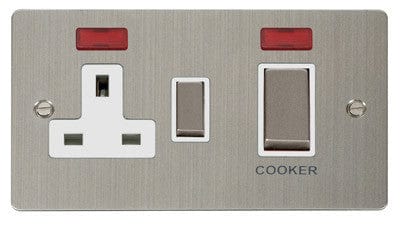 Flat Plate Stainless Steel Ingot 45A DP Switch + 13A Switched Plug Socket & Neons (2) - White Trim - SE Home