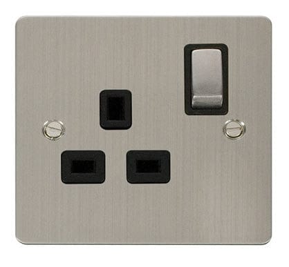 Flat Plate Stainless Steel Ingot 1 Gang 13A DP Switched Plug Socket - Black Trim - SE Home