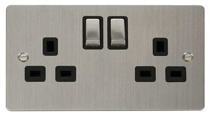 Flat Plate Stainless Steel Ingot 2 Gang Twin Double 13A DP Switched Plug Socket  - Black Trim