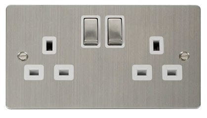 Flat Plate Stainless Steel Ingot 2 Gang Twin Double 13A DP Switched Plug Socket  - White Trim