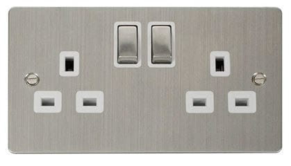 Flat Plate Stainless Steel Ingot 2 Gang Twin Double 13A DP Switched Plug Socket - White Trim - SE Home