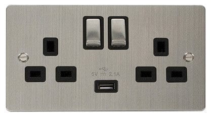Flat Plate Stainless Steel Ingot 2 Gang 1 USB Twin Double 13A DP Switched Plug Socket  - Black Trim