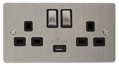 Flat Plate Stainless Steel Ingot 2 Gang 1 USB Twin Double 13A DP Switched Plug Socket - Black Trim - SE Home