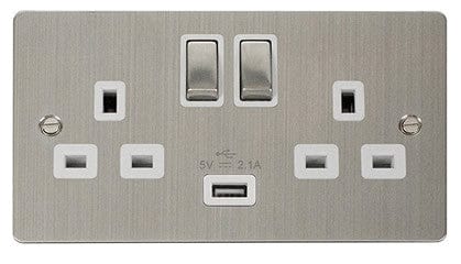 Flat Plate Stainless Steel Ingot 2 Gang 1 USB Twin Double 13A DP Switched Plug Socket  - White Trim