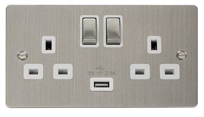 Flat Plate Stainless Steel Ingot 2 Gang 1 USB Twin Double 13A DP Switched Plug Socket - White Trim - SE Home