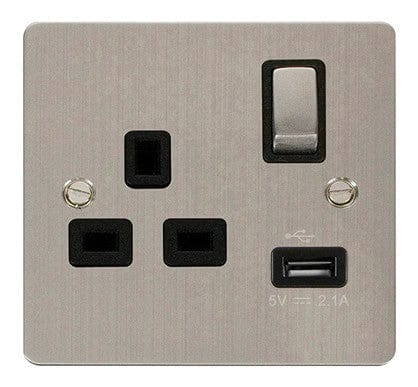 Flat Plate Stainless Steel Ingot 1 USB 1 Gang 13A DP Switched Plug Socket - Black Trim - SE Home