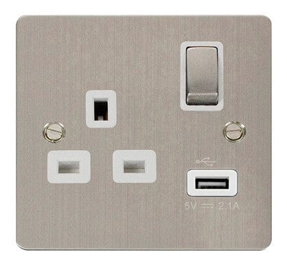 Flat Plate Stainless Steel Ingot 1 USB 1 Gang 13A DP Switched Plug Socket - White Trim - SE Home