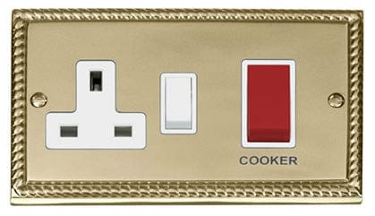 Georgian Cast Brass - White Inserts Georgian Cast Brass Cooker Control 45A With 13A Switched Plug Socket - White Trim