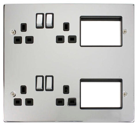 4 X 13A DP Switched Sockets Polished Chrome New Media Plate Black Insert - SE Home