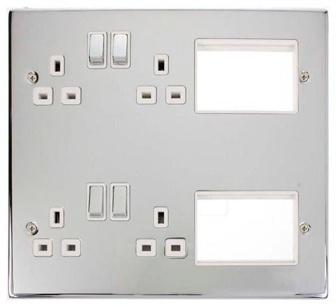 New Media 4 X 13A DP Switched Sockets Polished Chrome New Media Plate White Insert