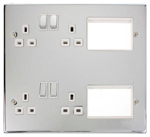 4 X 13A DP Switched Sockets Polished Chrome New Media Plate White Insert - SE Home