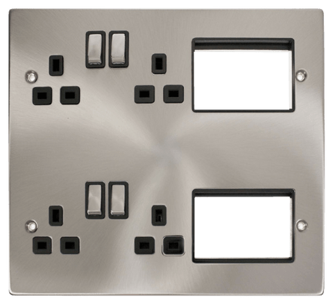 4 X 13A DP Switched Sockets Satin Chrome New Media Plate Black Insert - SE Home