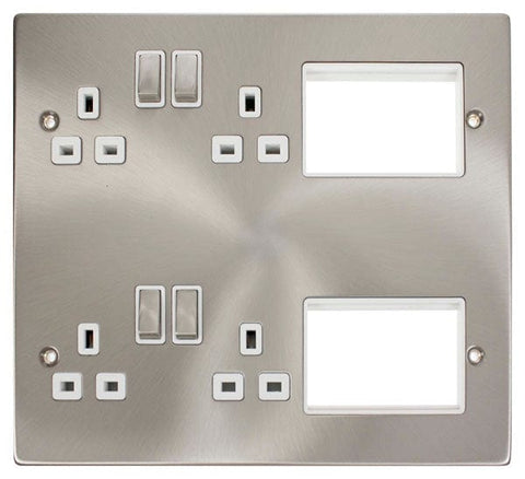 New Media 4 X 13A DP Switched Sockets Satin Chrome New Media Plate White Insert