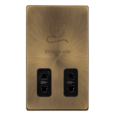 Screwless Plate Antique Brass 115/230V Dual Voltage Shaver Socket - Black Trim - SE Home