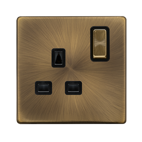 Screwless Plate Antique Brass 13A Ingot 1 Gang DP Switched Safety Shutter Socket - Black Trim - SE Home